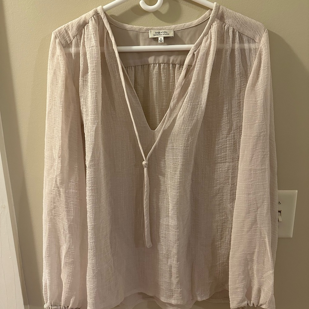 Babaton, light beige flowy sheer blouse with ties